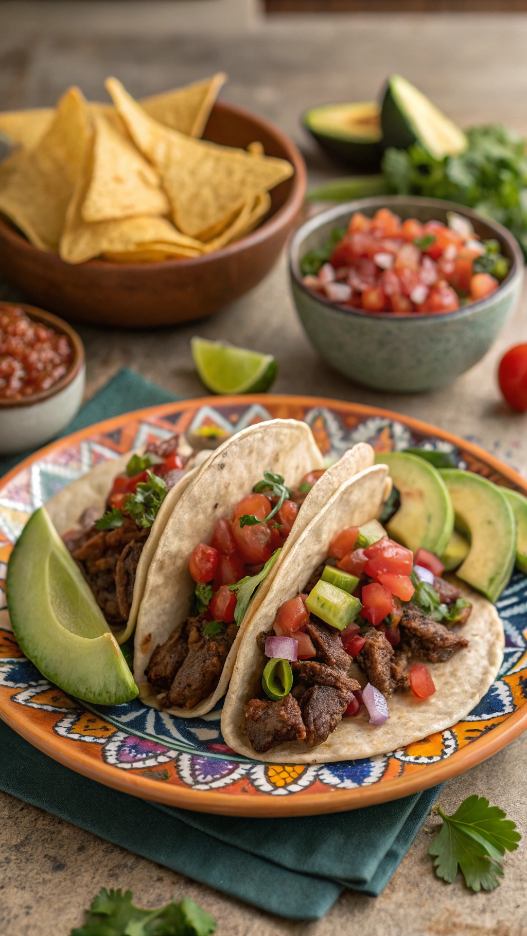 Delicious beef and bean tacos with fresh salsa, served on a colorful plate with lime wedges and tortilla chips.