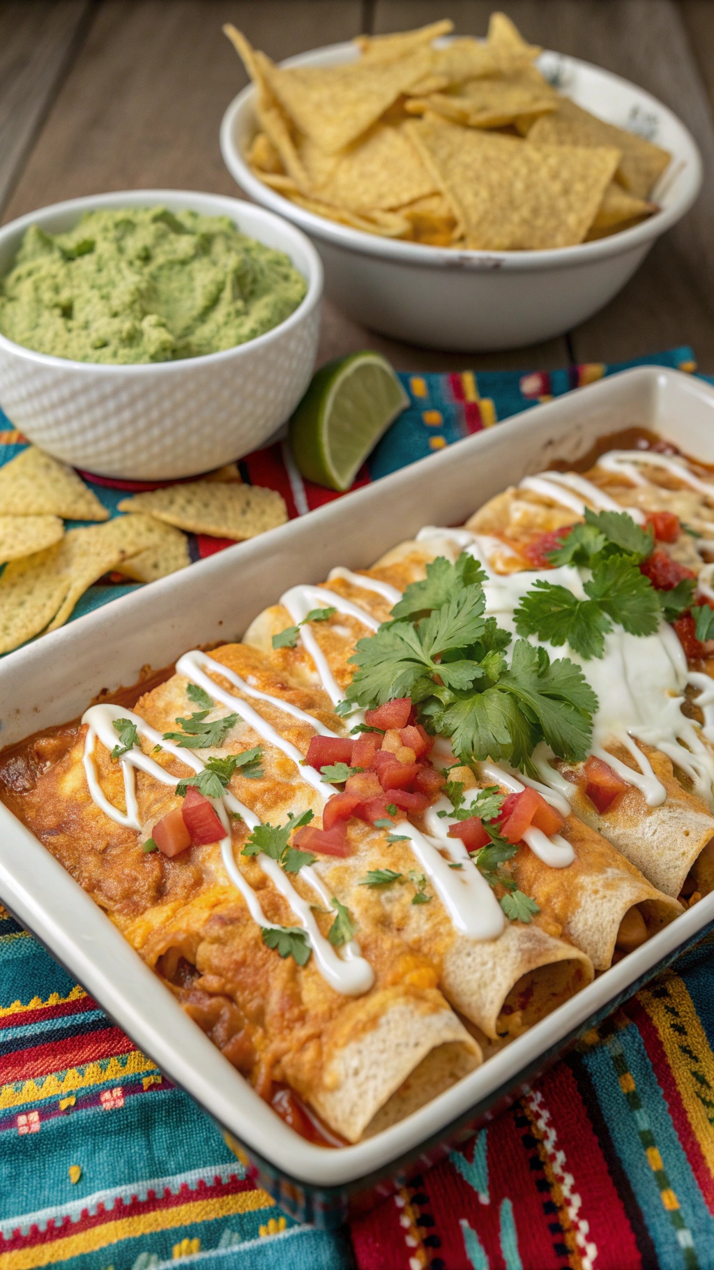 A dish of chicken enchiladas topped with cilantro, tomatoes, and sour cream, served with tortilla chips and guacamole.