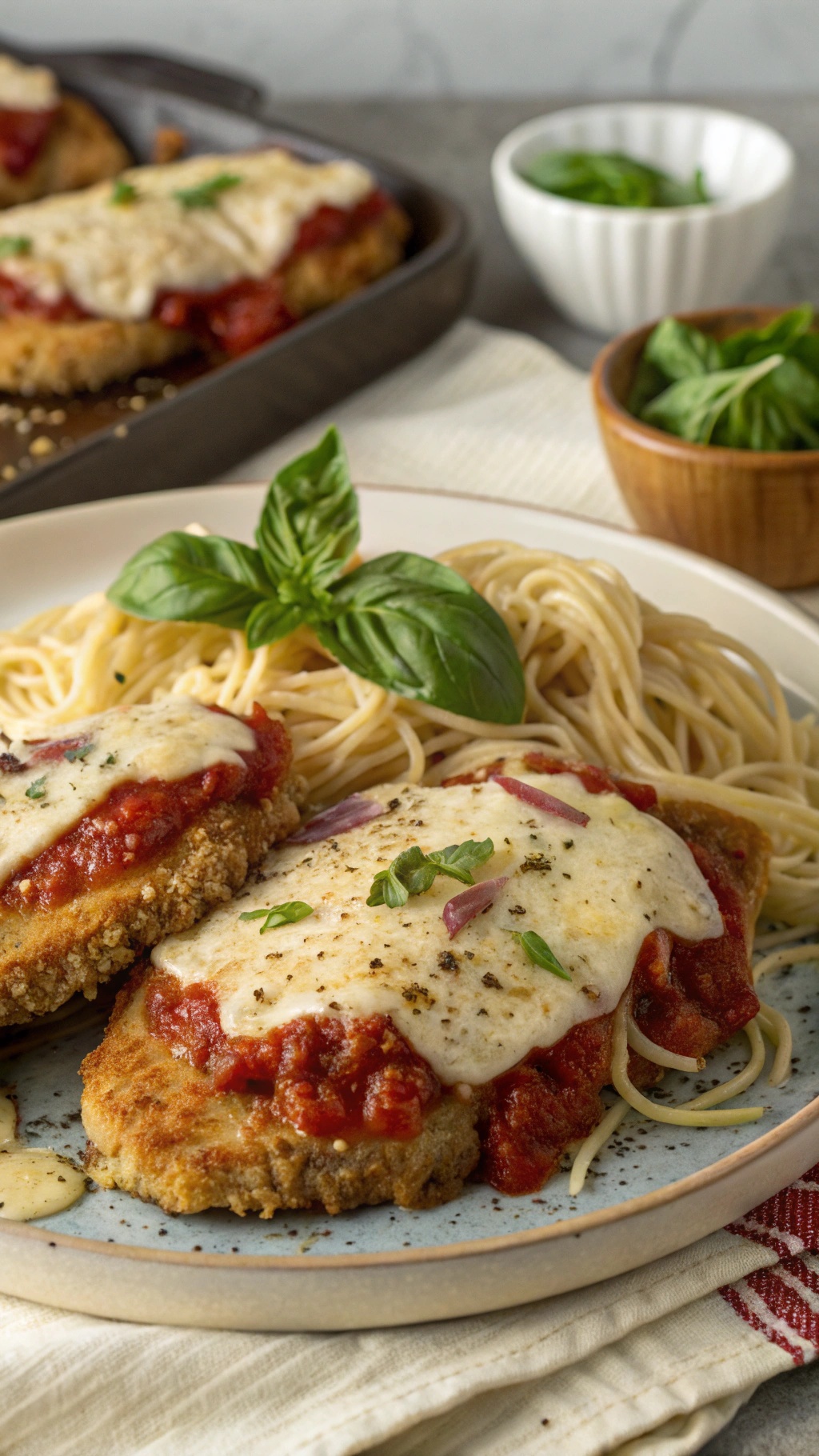 A plate of Chicken Parmesan with spaghetti, garnished with fresh basil.