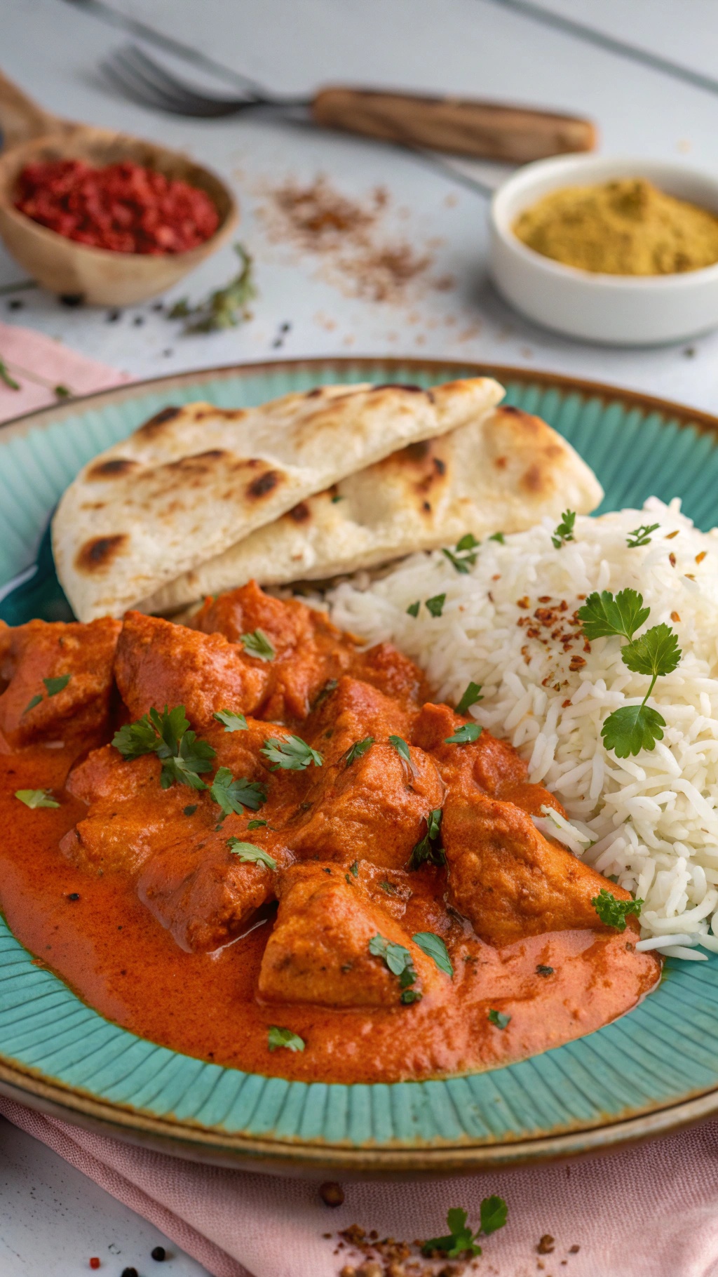 A plate of Chicken Tikka Masala served with rice and naan, garnished with cilantro.