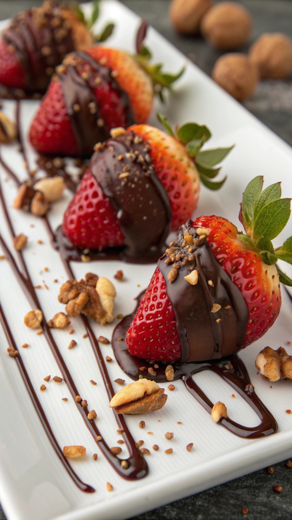 Chocolate-dipped strawberries on a white plate with nuts sprinkled around