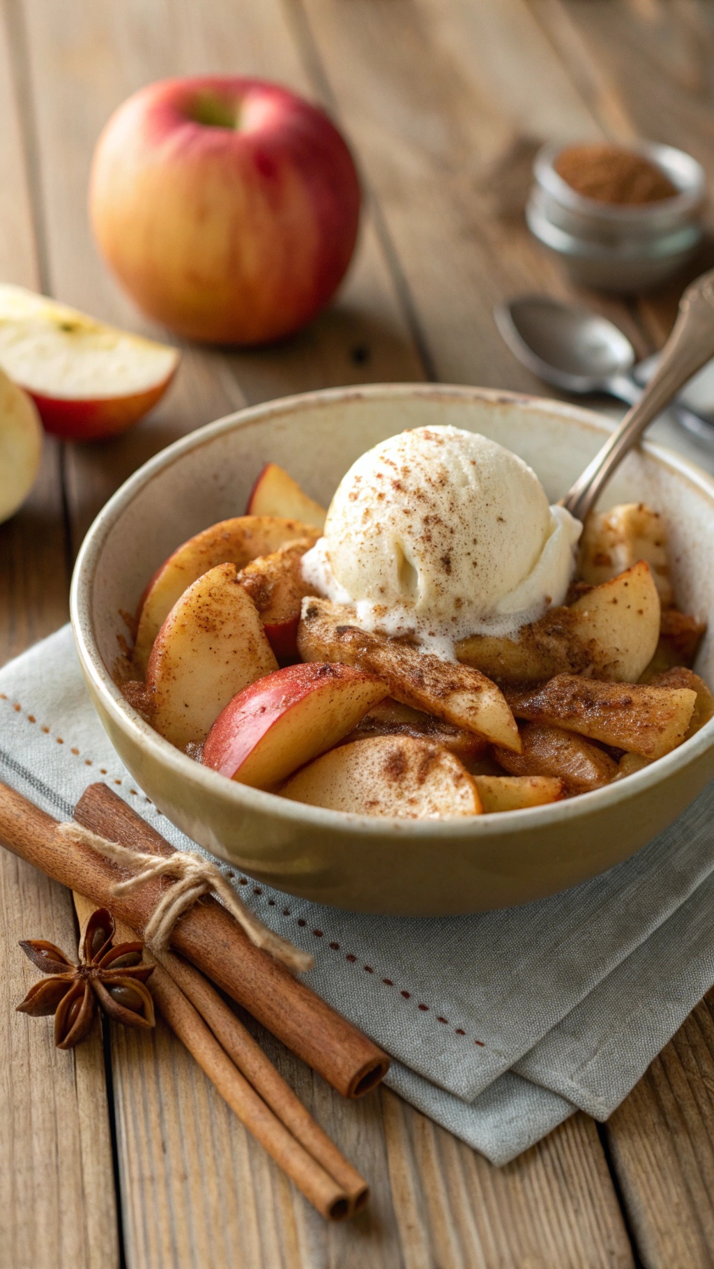 Bowl of cinnamon apples with ice cream and cinnamon sticks