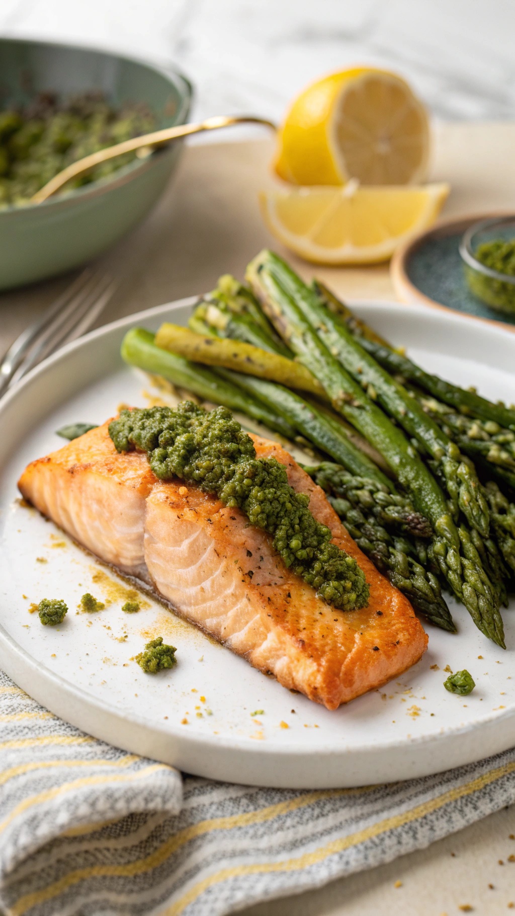 Baked Pesto Salmon with Asparagus on a plate, garnished with pesto and lemon slices.