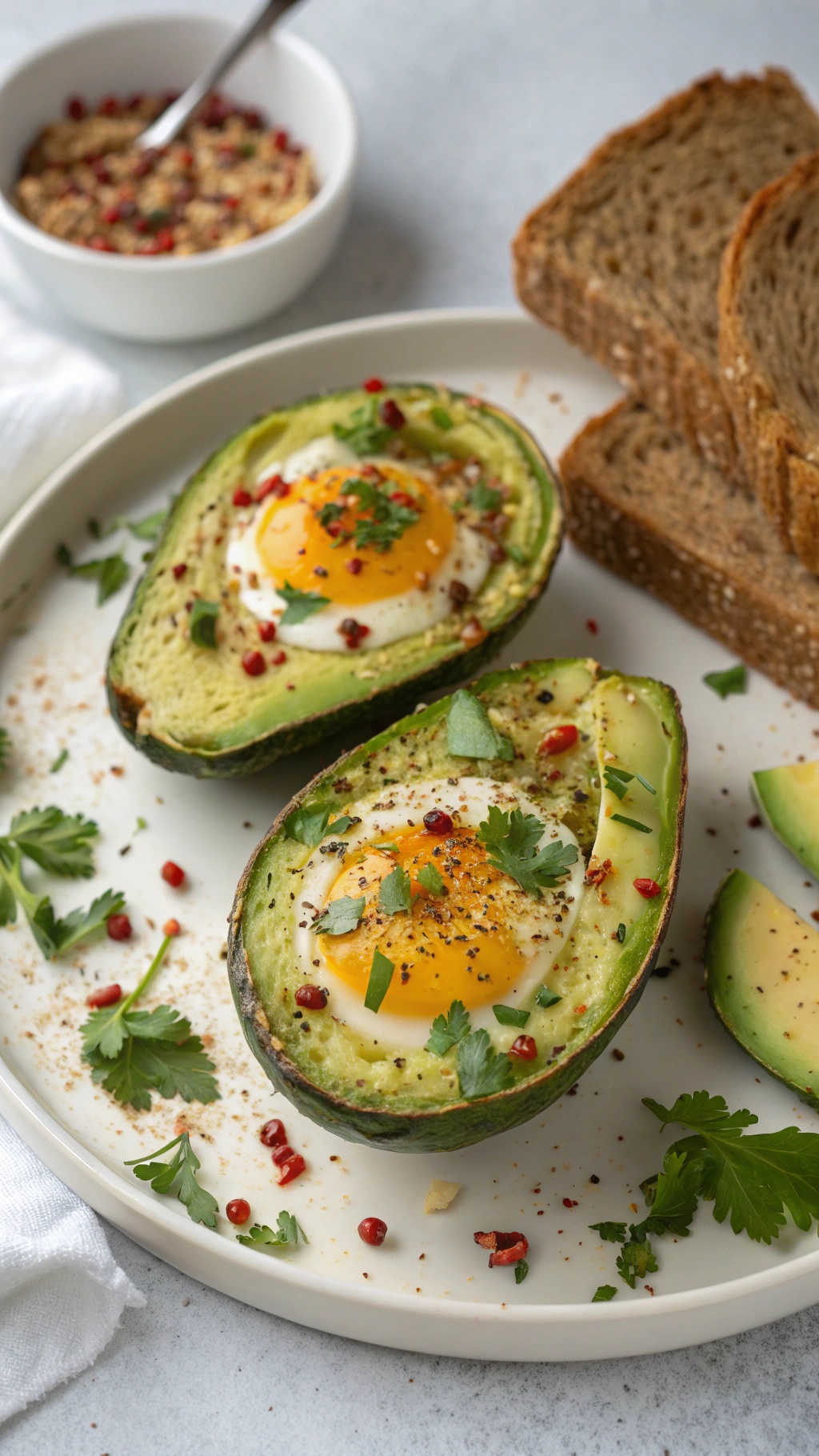 Eggs baked in avocado halves garnished with herbs and served with whole grain bread.