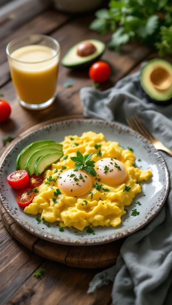 A plate of scrambled eggs with herbs, avocado slices, and cherry tomatoes, accompanied by a glass of juice.