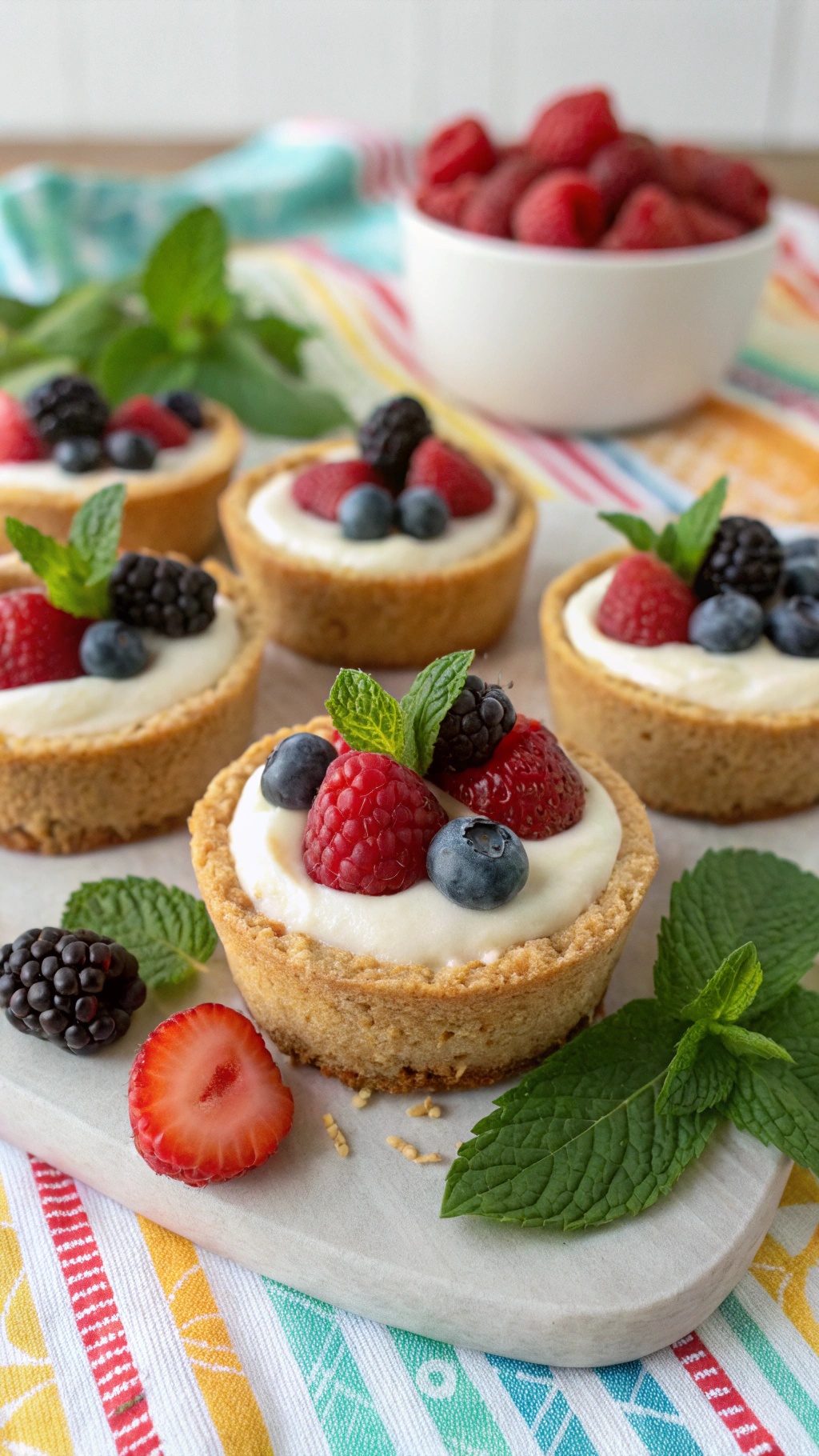 Delicious no-bake cheesecake cups topped with fresh berries and mint leaves.