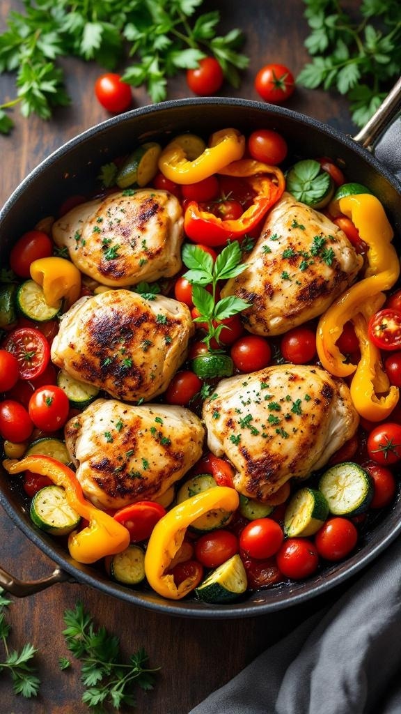A one-pan meal featuring chicken thighs and colorful vegetables like bell peppers, cherry tomatoes, and zucchini.