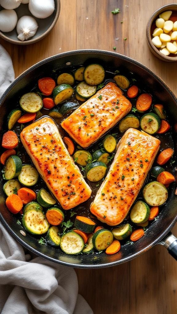A delicious one-pan honey garlic salmon dish with colorful vegetables.