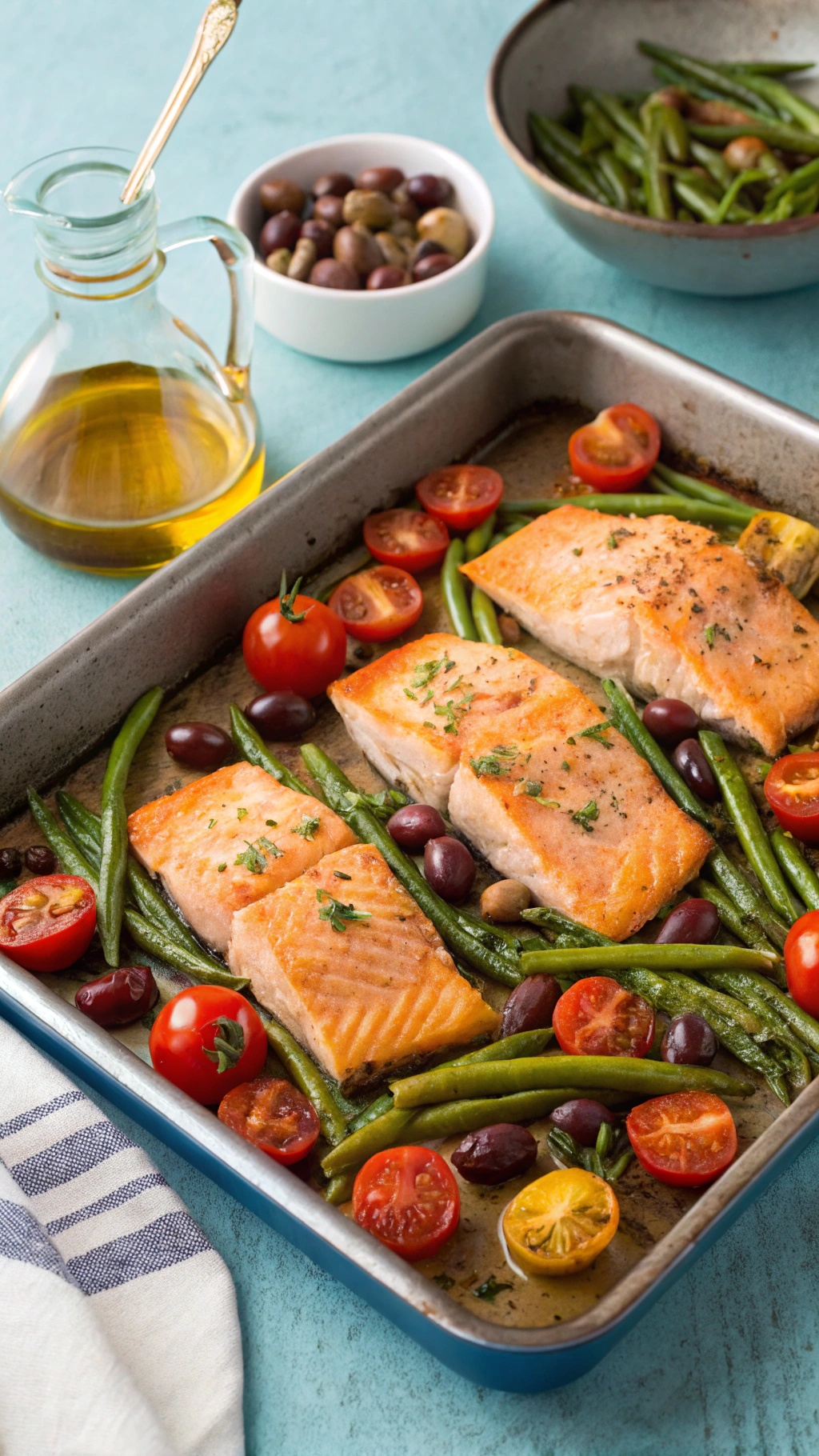 A delicious one-pan Mediterranean salmon dish with green beans, cherry tomatoes, and olives.
