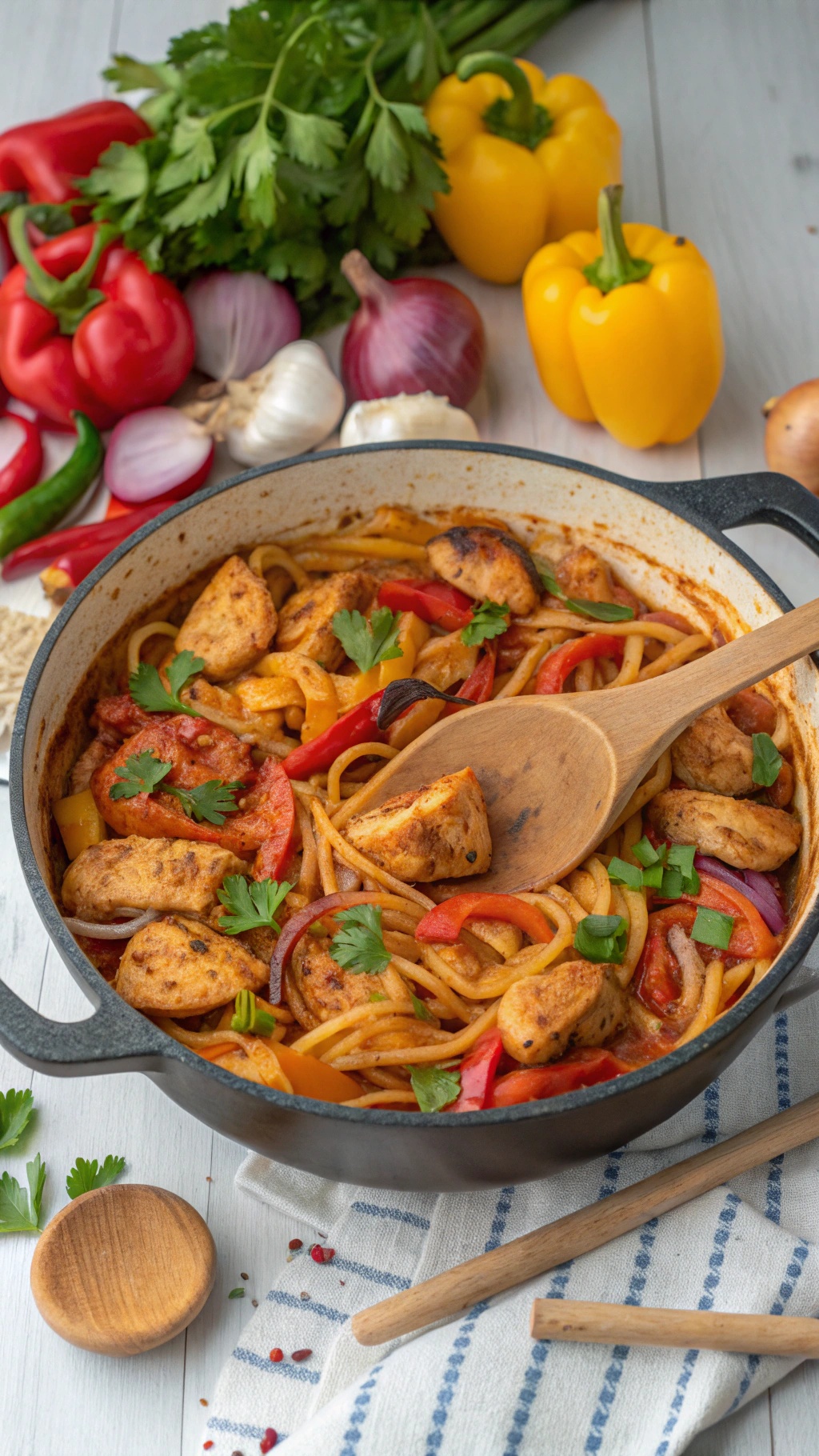 A vibrant one-pot Cajun chicken pasta with colorful bell peppers and herbs