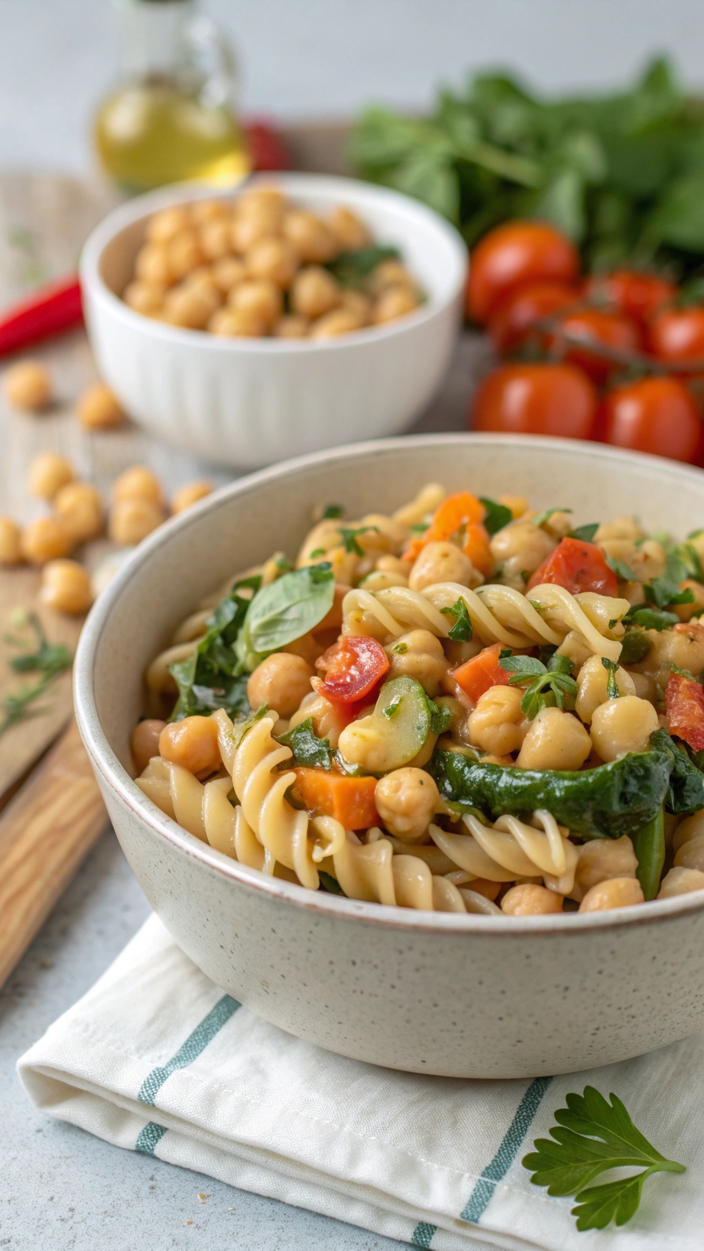 A bowl of chickpea pasta with vegetables and herbs, showcasing a healthy one-pot meal.