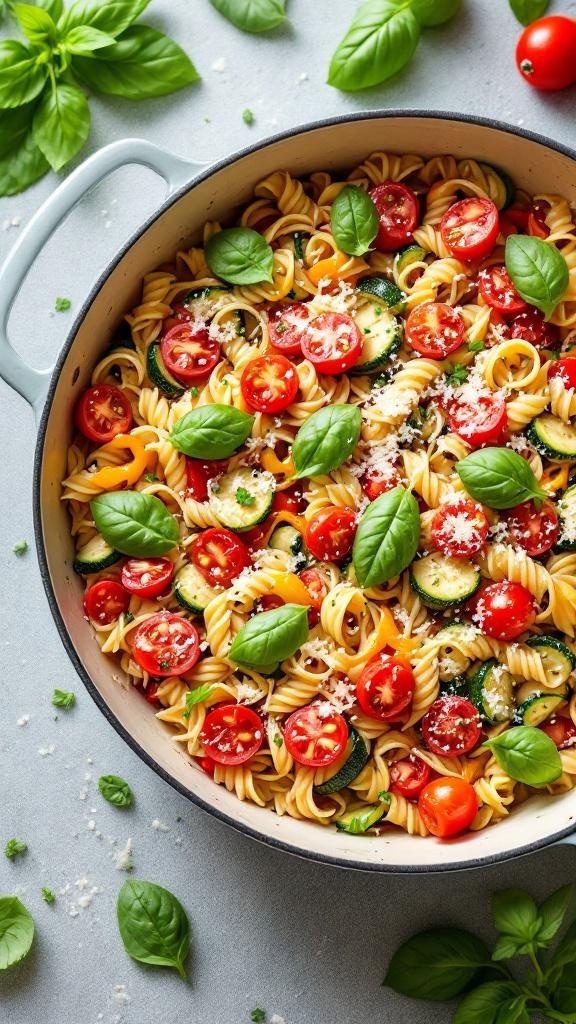 A colorful one-pot pasta primavera with cherry tomatoes, zucchini, and fresh basil.
