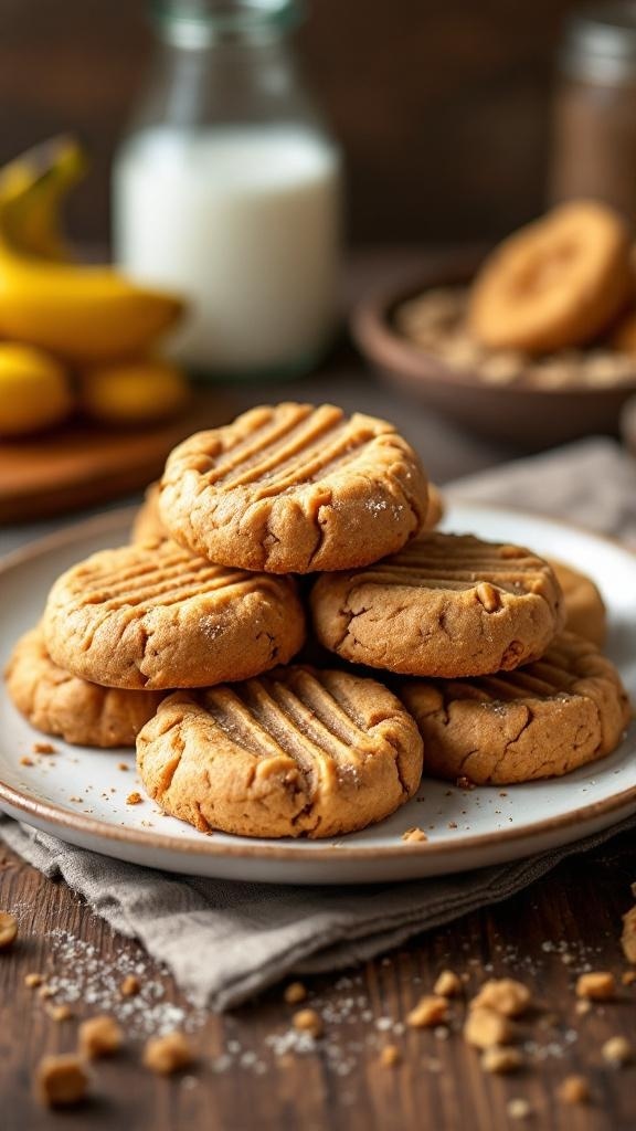 A plate of peanut butter banana cookies with bananas and milk in the background.