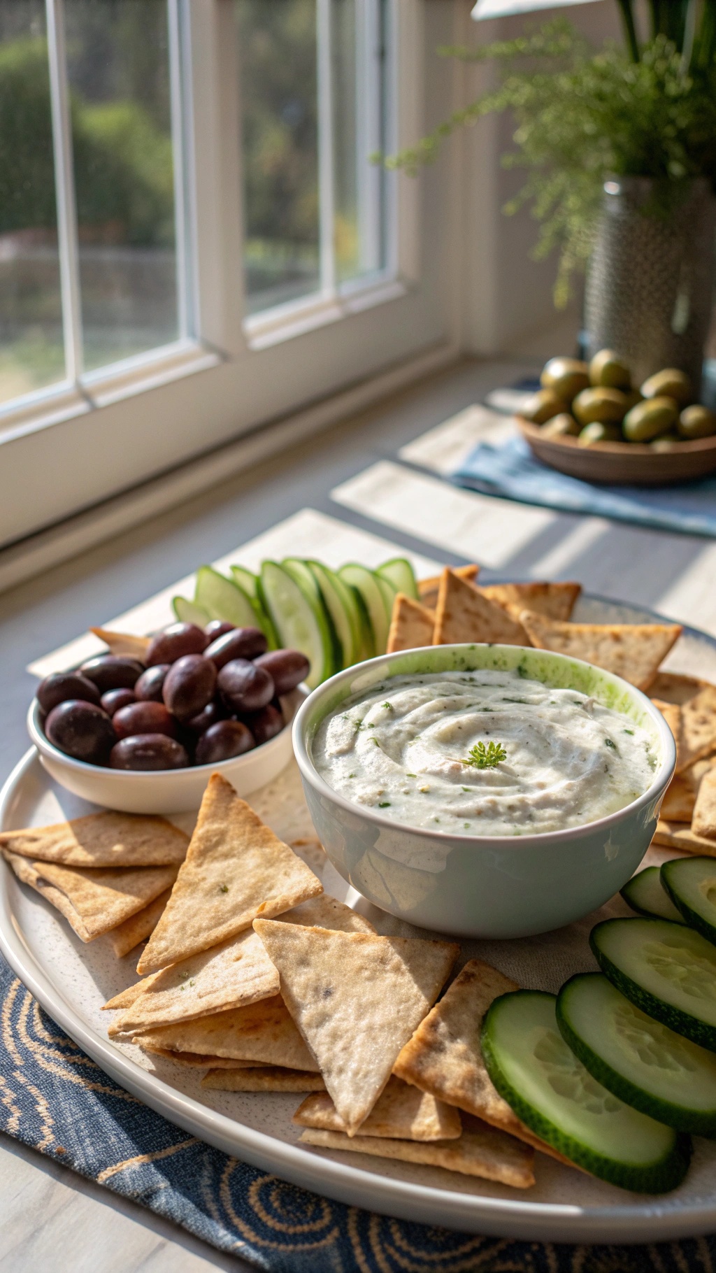 A plate of pita chips with tzatziki dip, cucumber slices, and grapes.