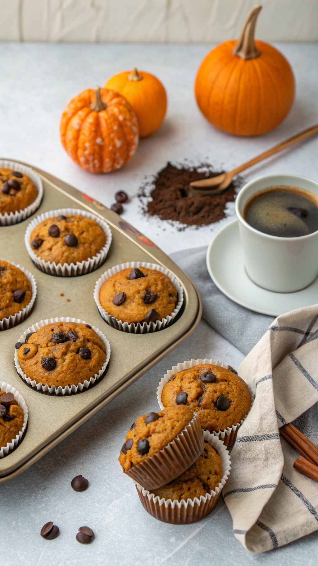 A tray of pumpkin muffins with chocolate chips, surrounded by small pumpkins and a cup of coffee.