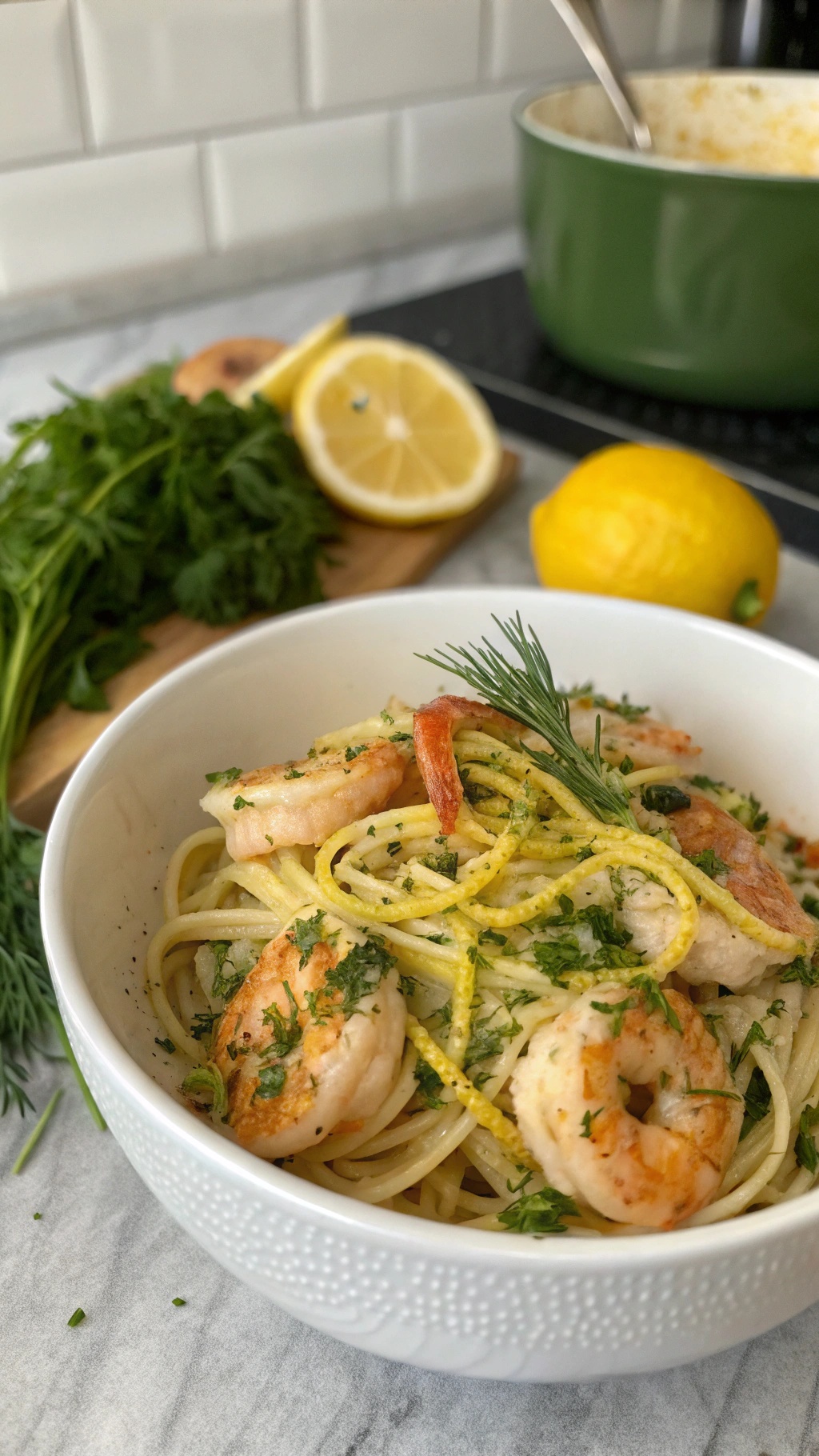 A bowl of shrimp pasta with lemon and herbs, garnished with fresh parsley and lemon slices.