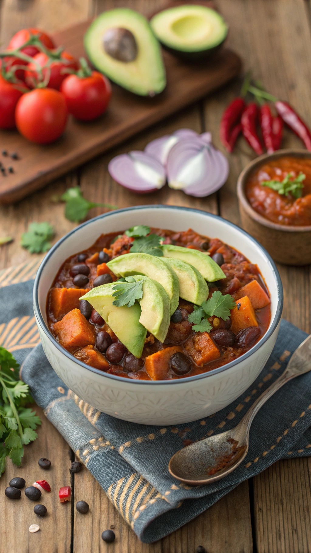 A bowl of sweet potato and black bean chili topped with avocado slices and cilantro, surrounded by fresh ingredients.
