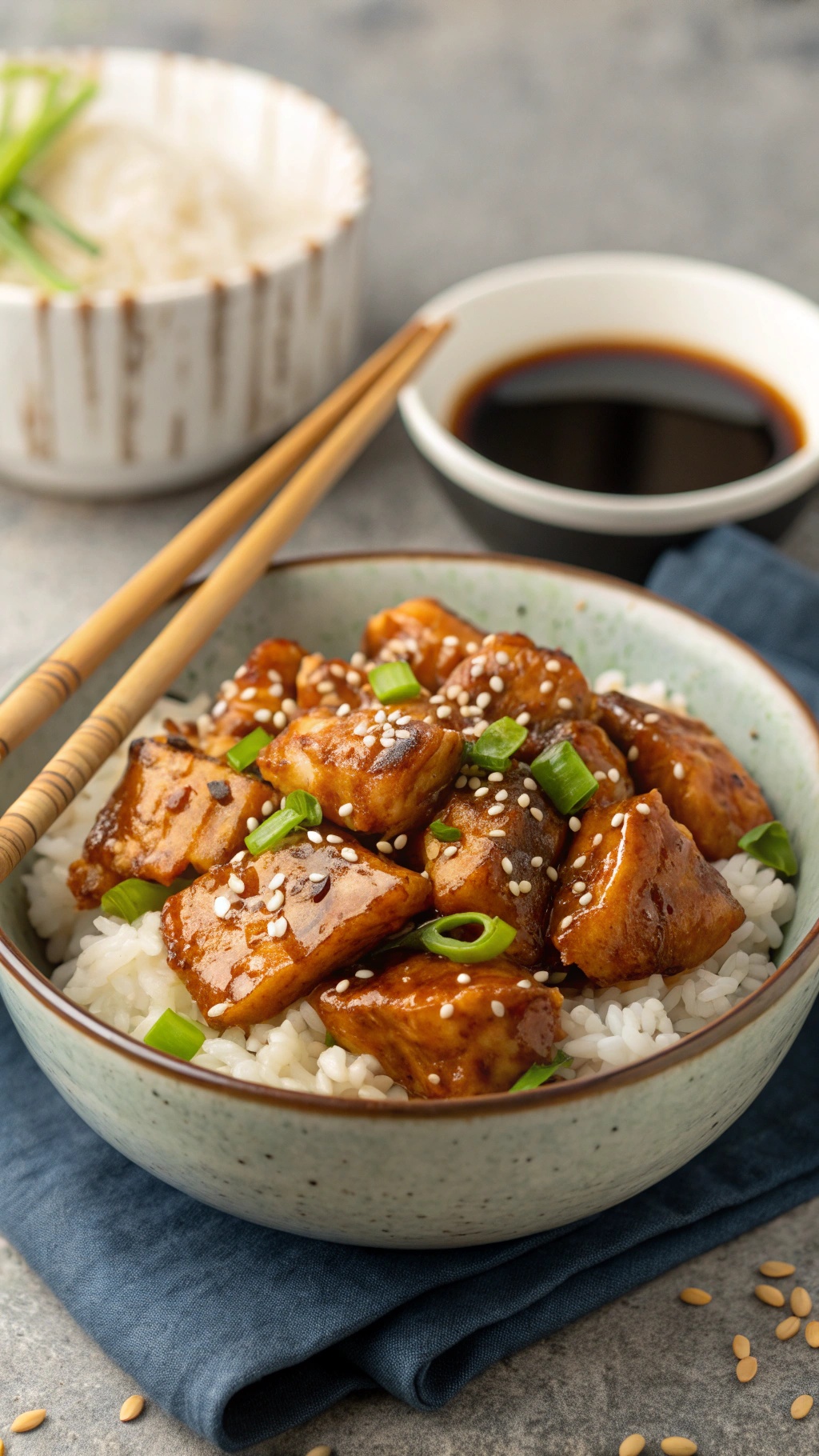 Bowl of teriyaki chicken with rice, garnished with green onions and sesame seeds.