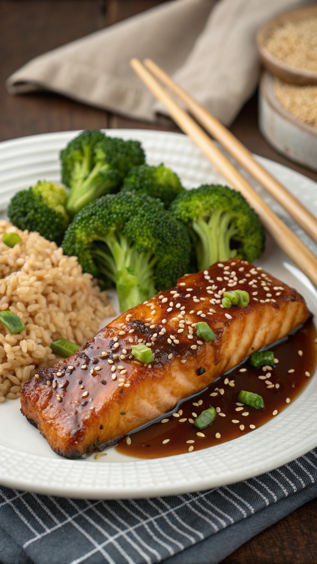 A plate of teriyaki salmon with broccoli and brown rice, garnished with sesame seeds and green onions.