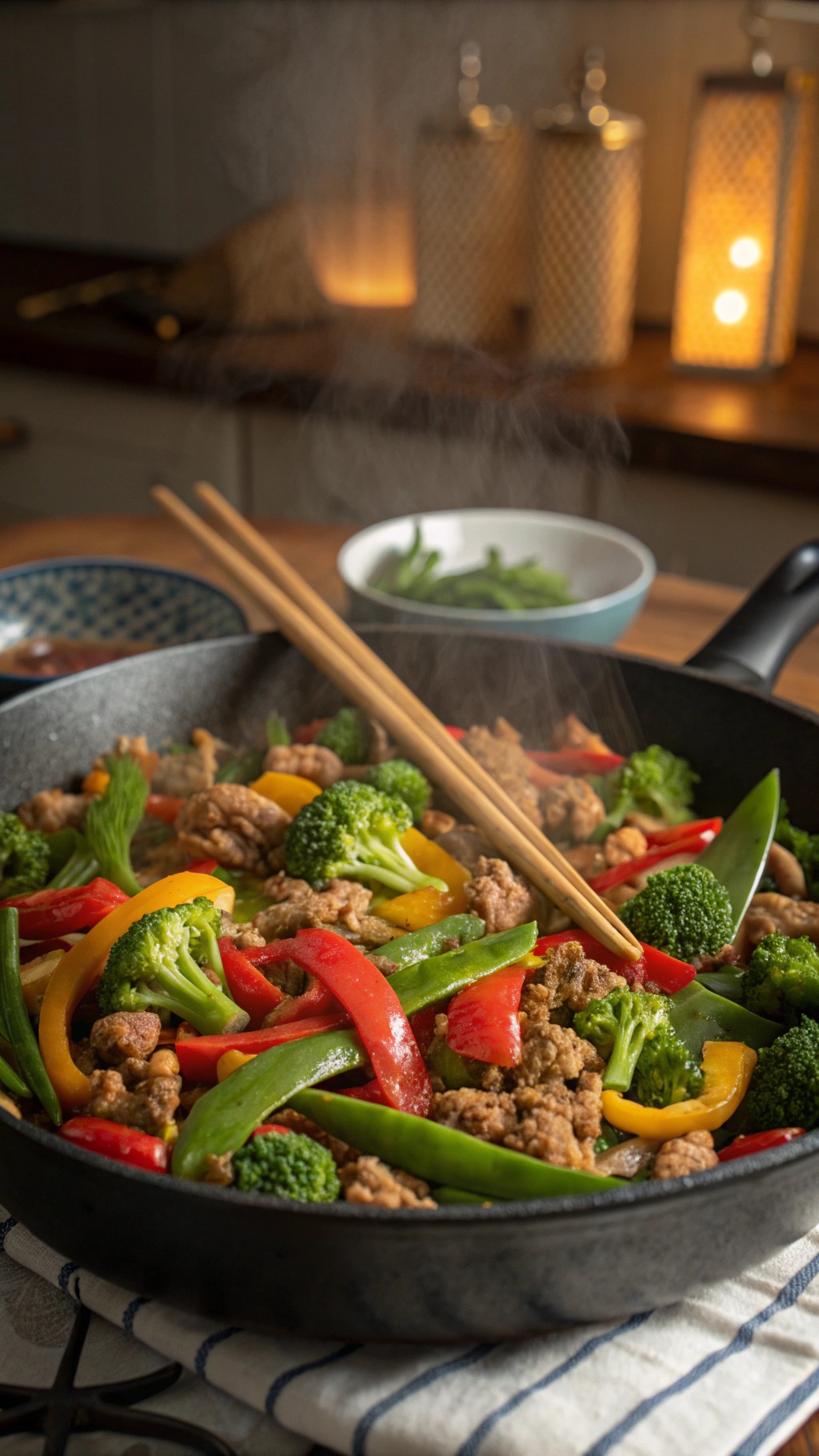 A colorful turkey and vegetable stir-fry in a skillet, featuring broccoli, bell peppers, and snap peas.