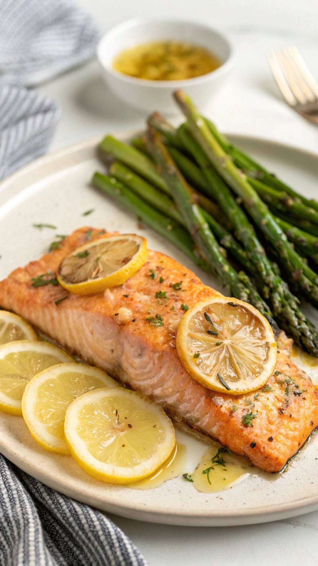 A plate of lemon garlic salmon with asparagus, garnished with lemon slices.