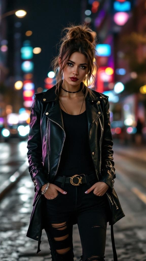 A person wearing a leather jacket and black jeans stands in a city street at night, surrounded by glowing lights.