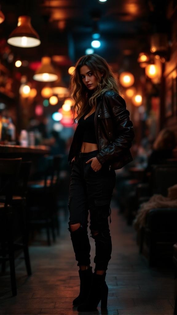 A woman in a leather jacket and cargo pants stands in a dimly lit bar, exuding an edgy vibe.