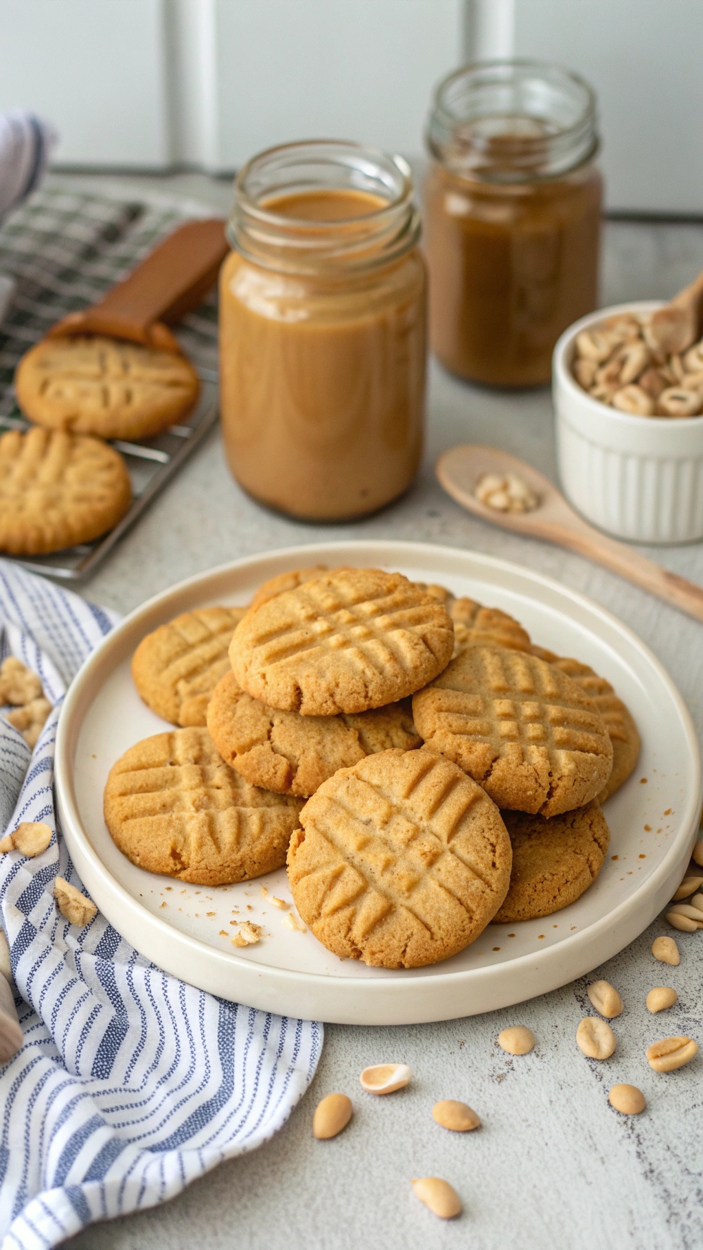 A plate of freshly baked peanut butter cookies with a jar of peanut butter in the background.