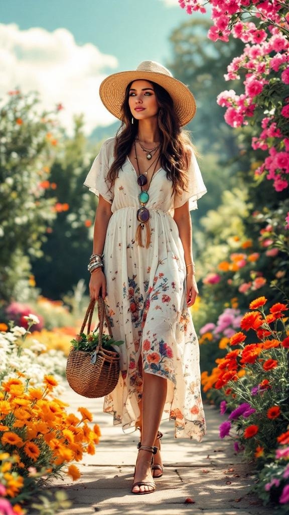 A woman in a floral maxi dress with a wide-brimmed hat, walking through a flower garden, carrying a woven basket.