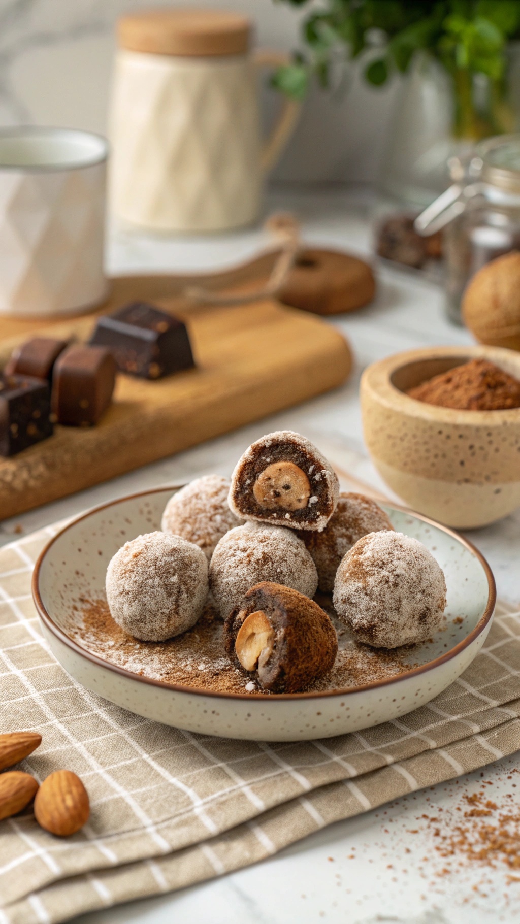 A plate of nutty date truffles, some whole and one cut in half, revealing a nut inside, with a cozy kitchen background.