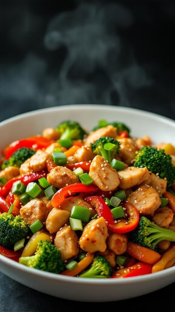 A colorful stir-fry dish featuring chicken, broccoli, and bell peppers in a bowl.