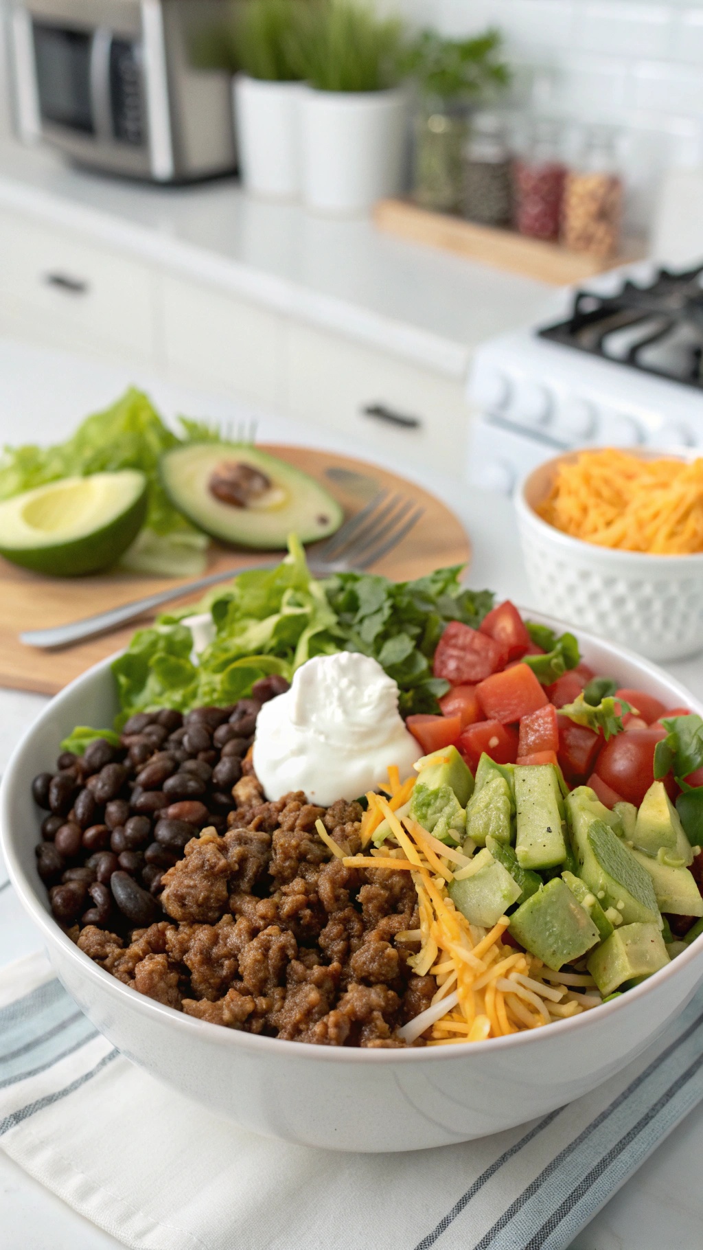 A colorful taco salad bowl with ground beef, black beans, lettuce, tomatoes, avocado, cheese, and sour cream.