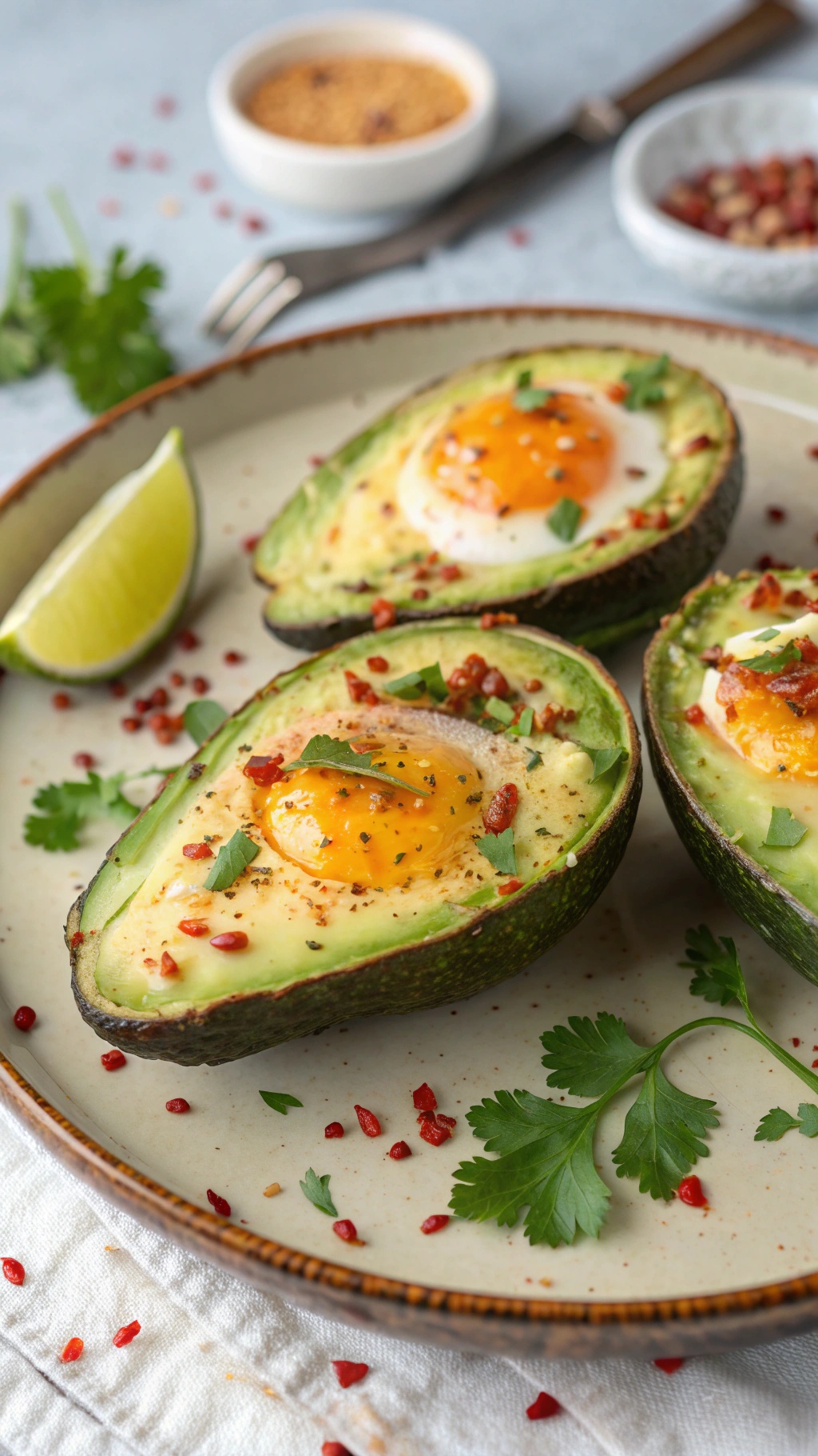 Eggs baked in avocado halves, garnished with herbs and red pepper flakes, served on a plate with lime wedges.
