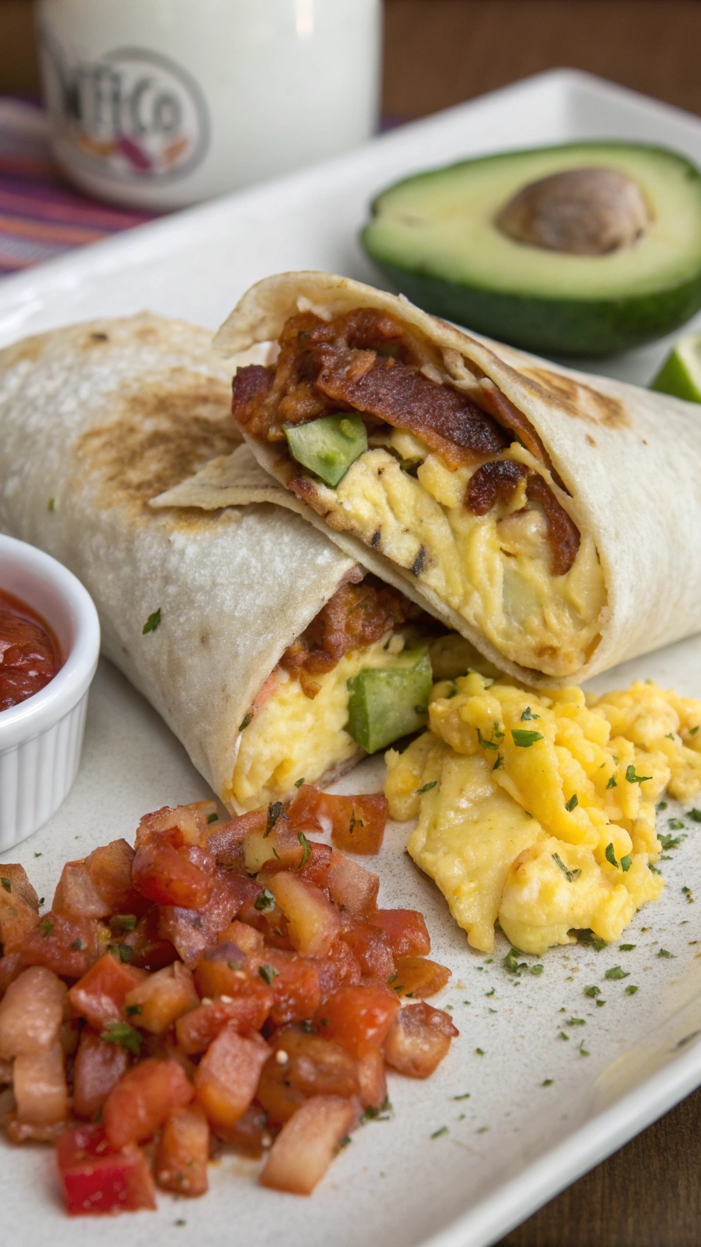A delicious egg and bacon breakfast burrito with salsa and avocado on the side.