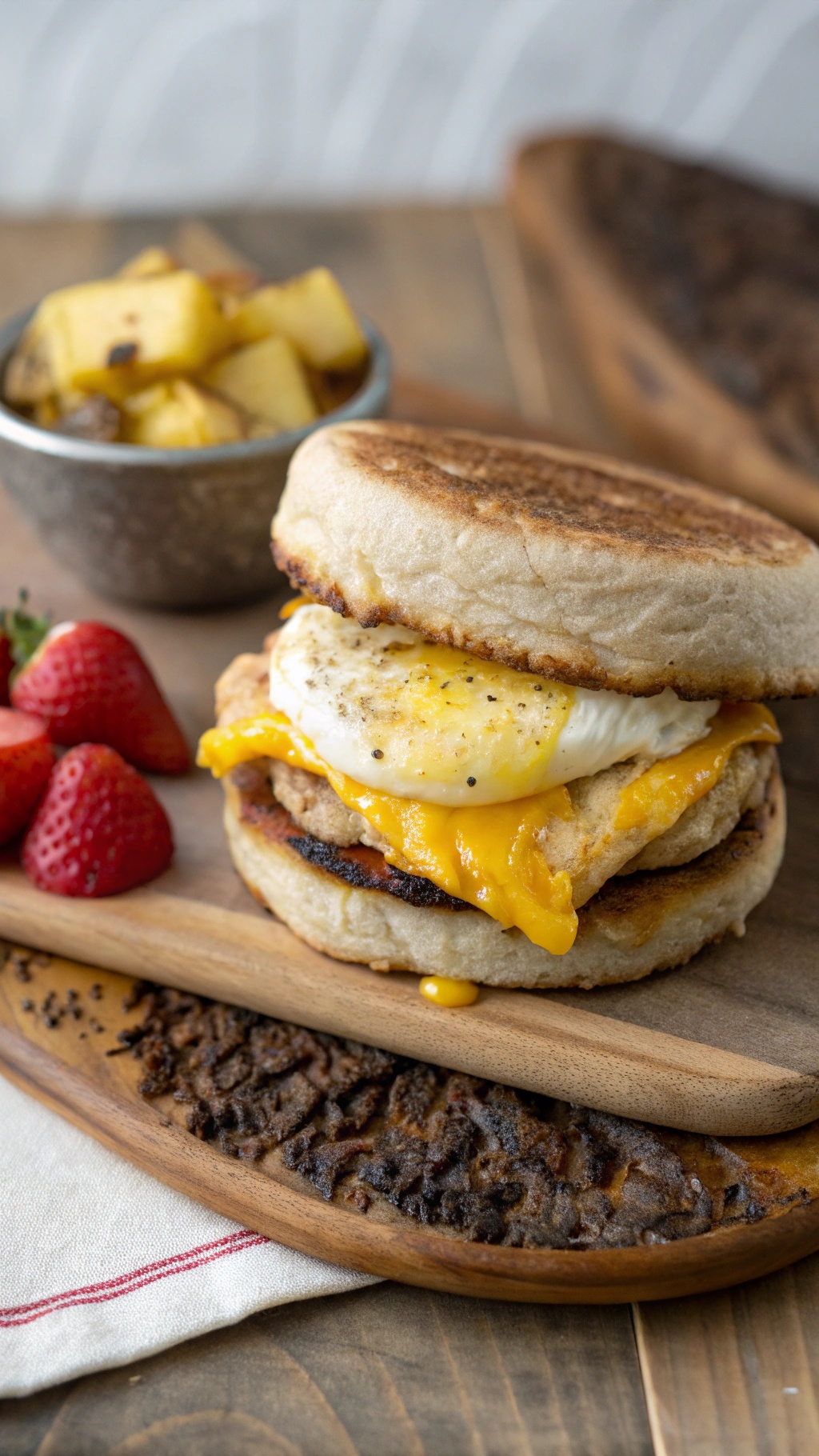 A delicious egg and cheese breakfast sandwich with strawberries and diced fruit on the side.