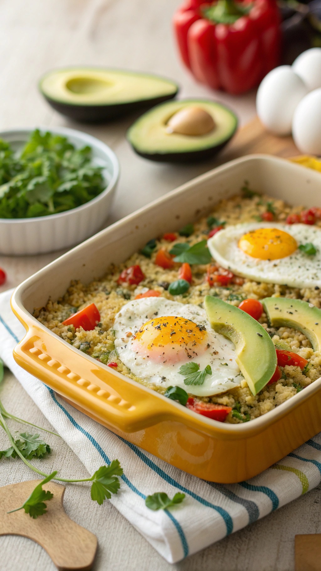 A colorful egg and quinoa breakfast casserole topped with eggs, avocado, and herbs.