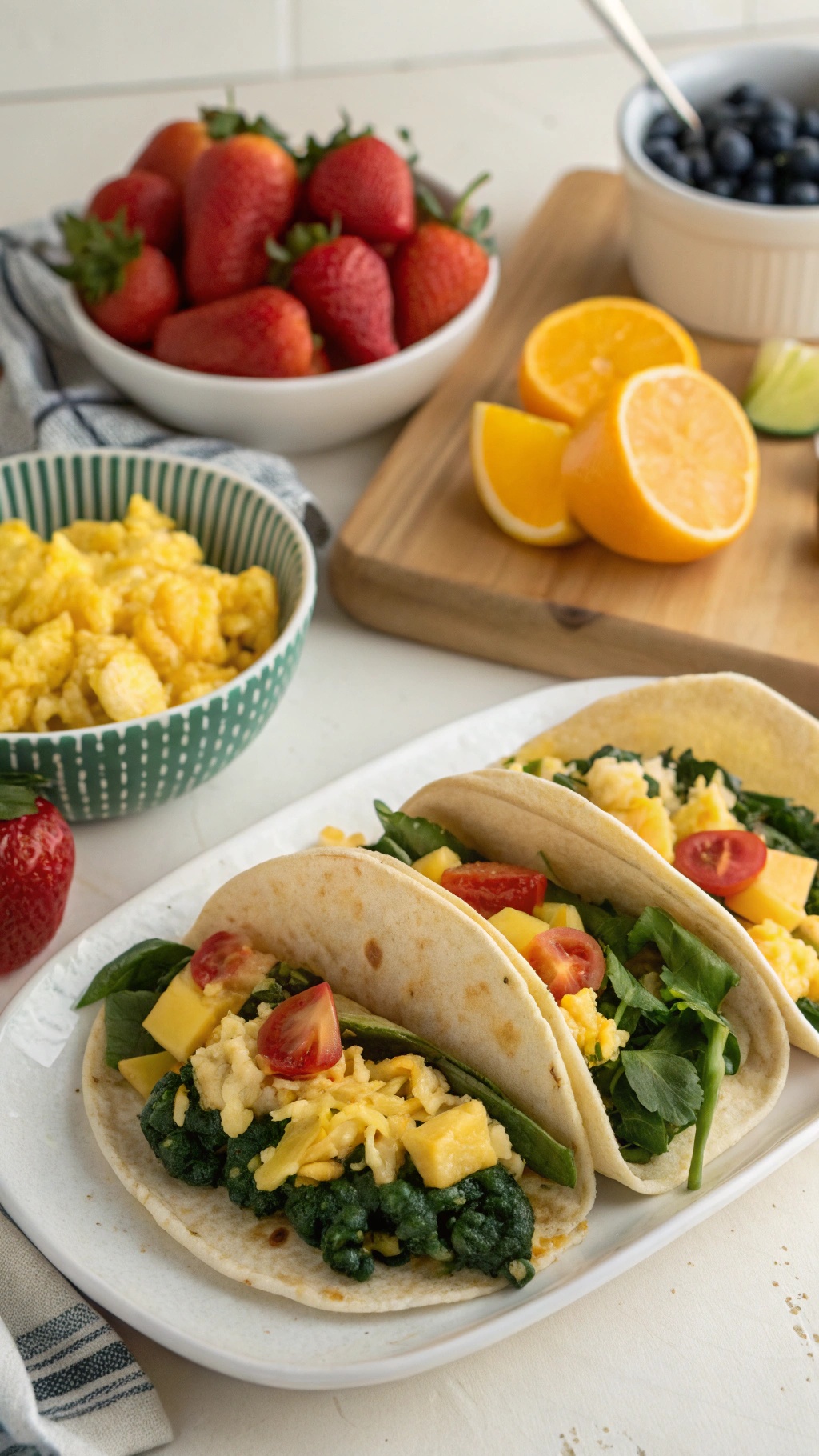 Egg and spinach breakfast tacos with fresh toppings and fruit on the side.