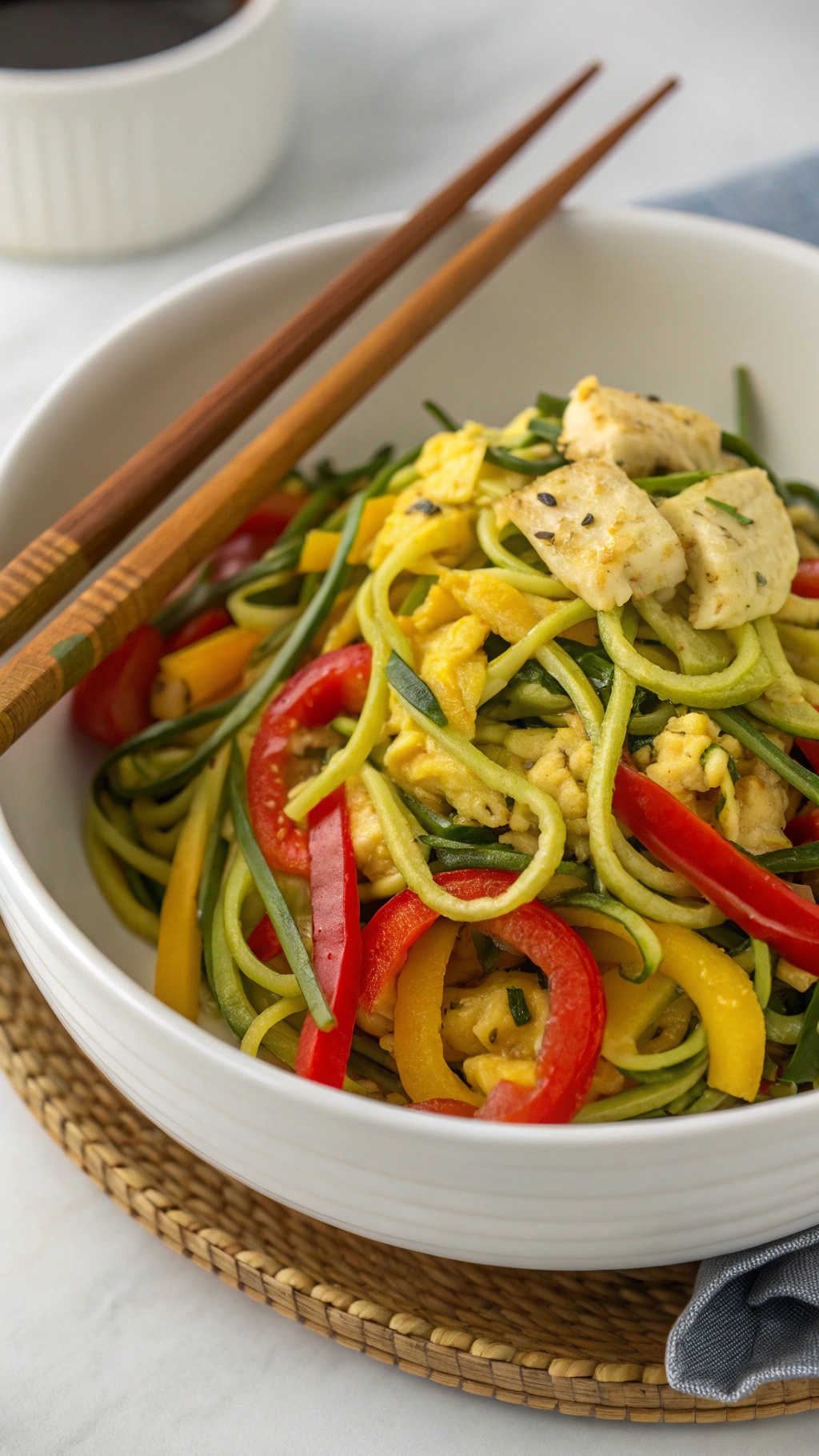 A bowl of egg and zucchini noodle stir-fry with colorful bell peppers and chopsticks.
