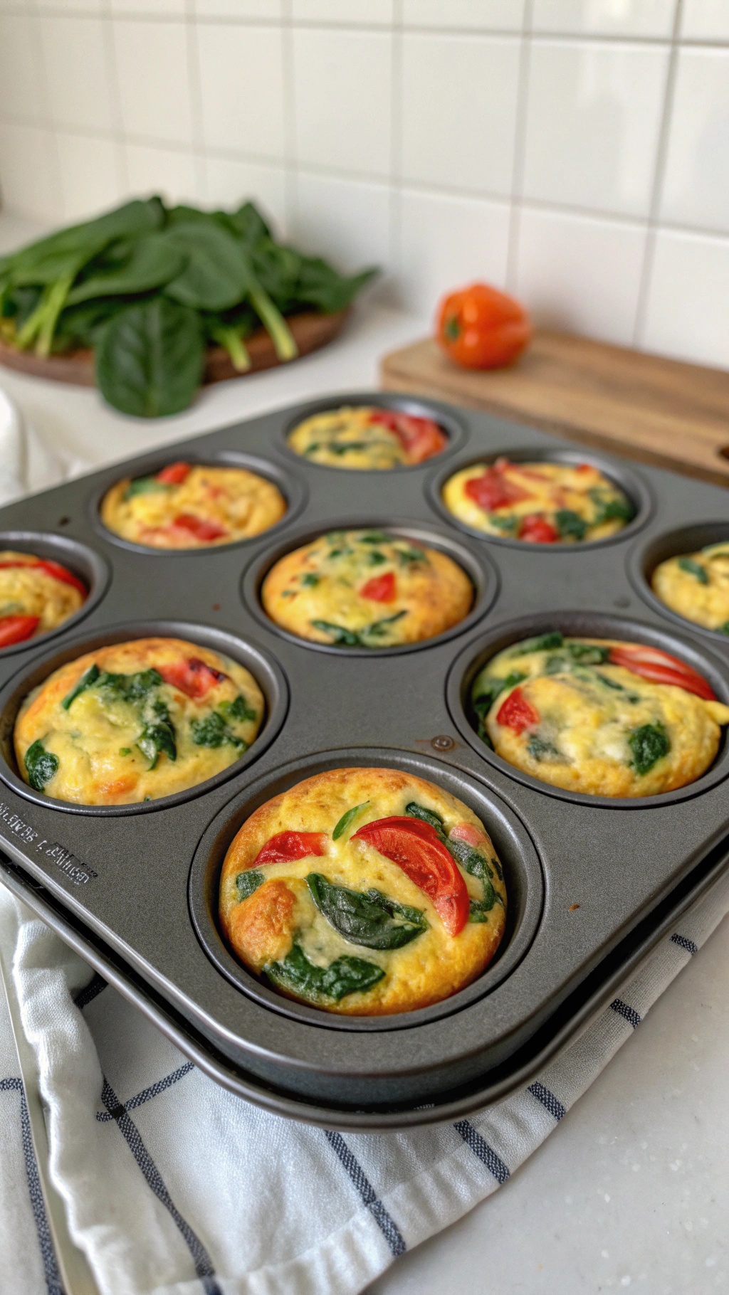A tray of egg muffins filled with spinach and red bell peppers, fresh ingredients in the background.