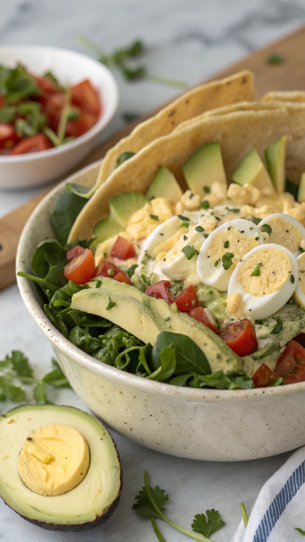 A bowl of egg salad taco salad with avocado, garnished with cherry tomatoes and cilantro.