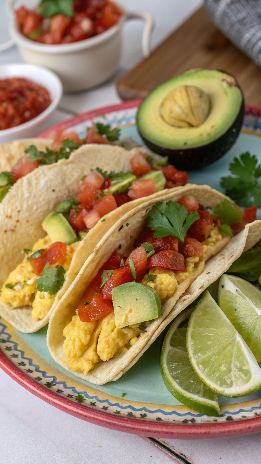 Egg tacos with fresh salsa, avocado, and lime on a colorful plate.