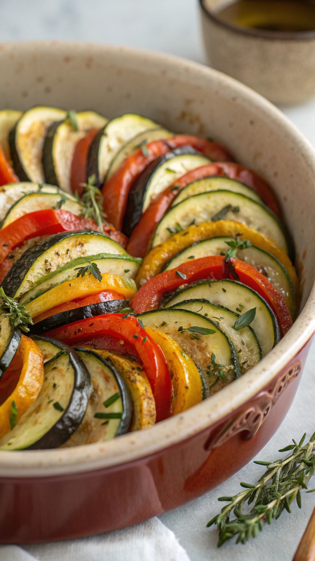 A colorful arrangement of sliced eggplant, bell peppers, zucchini, and tomatoes in a baking dish, garnished with thyme.
