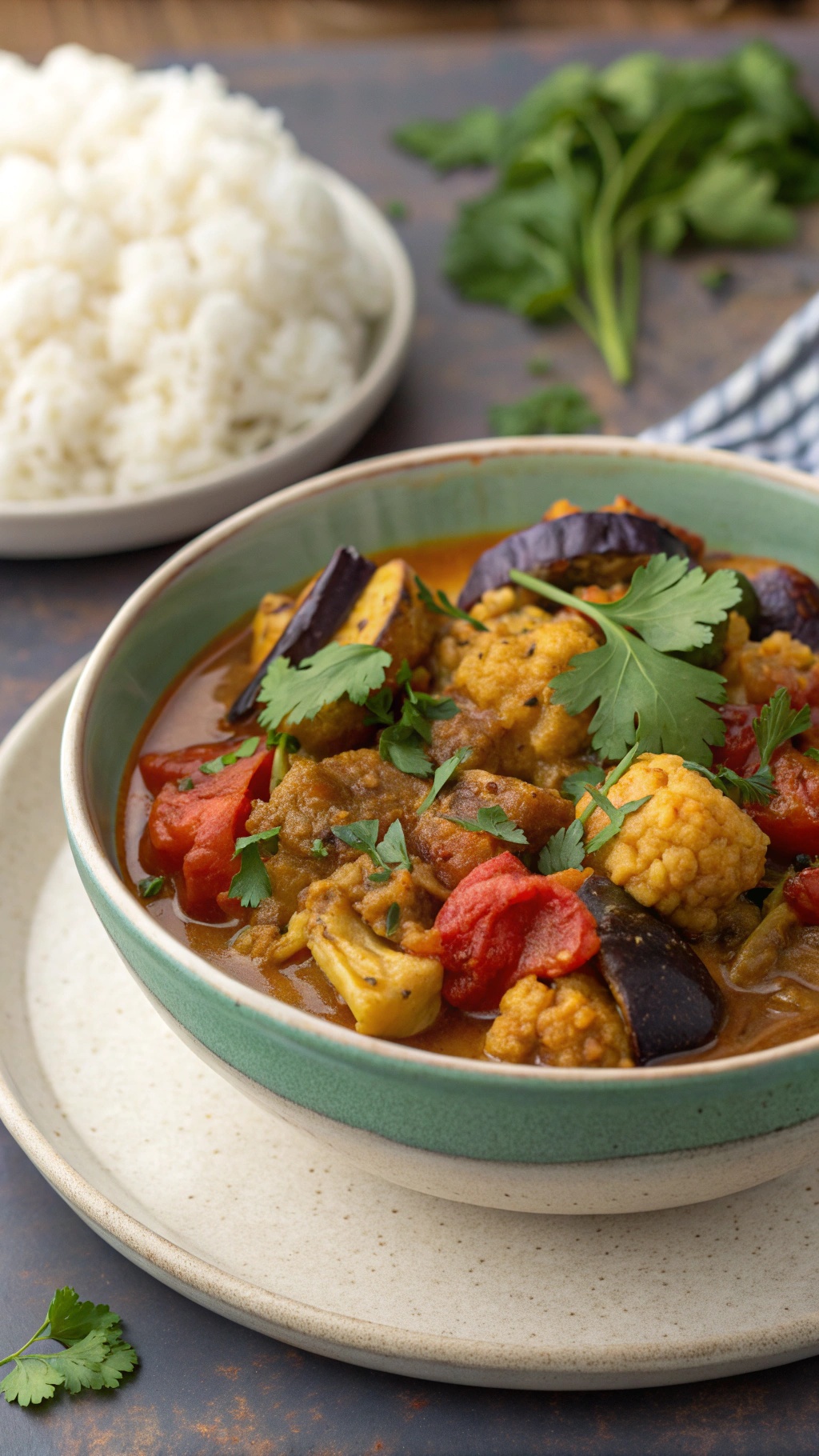 A bowl of eggplant and cauliflower curry garnished with cilantro, served with a side of rice.