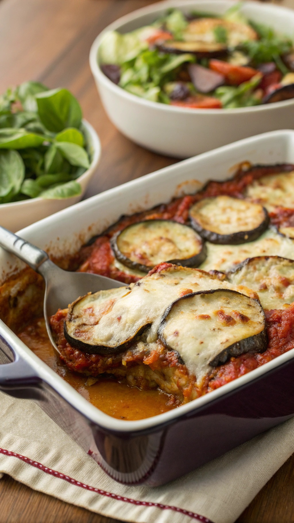 A delicious eggplant casserole with layers of cheese and tomato sauce, served with a fresh salad.
