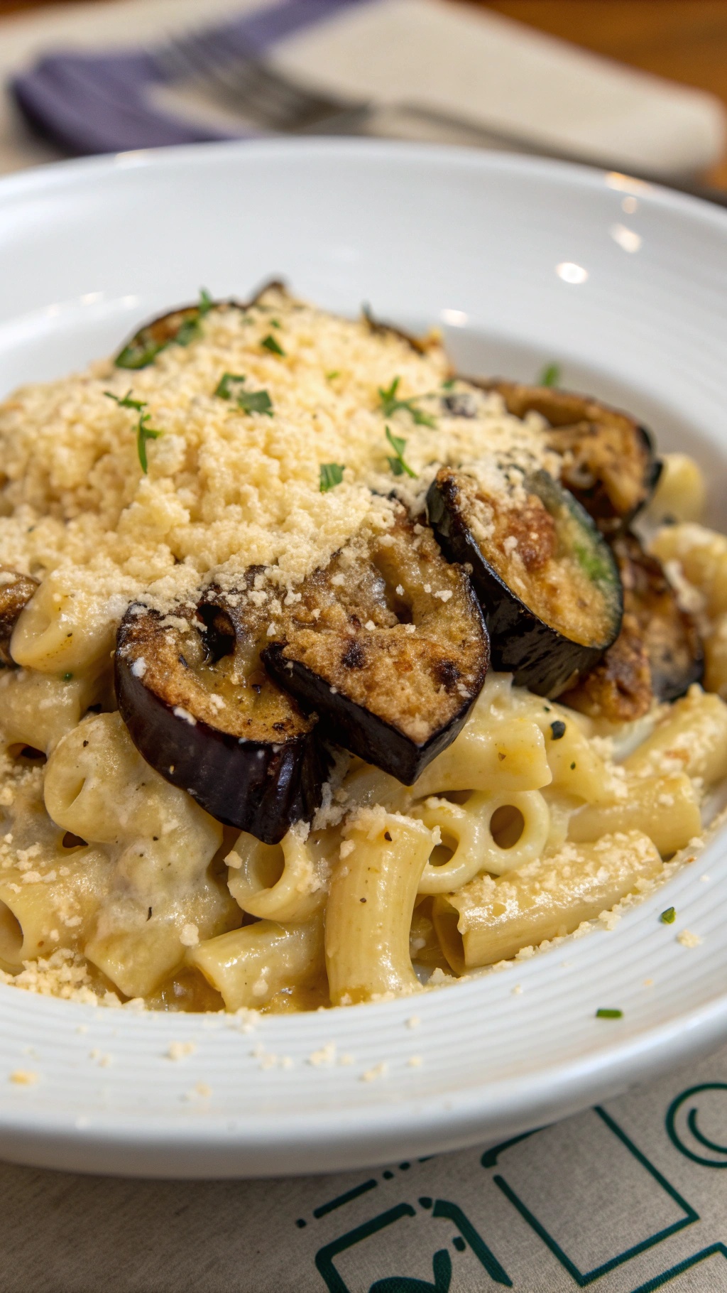A delicious serving of eggplant mac and cheese topped with breadcrumbs and herbs.