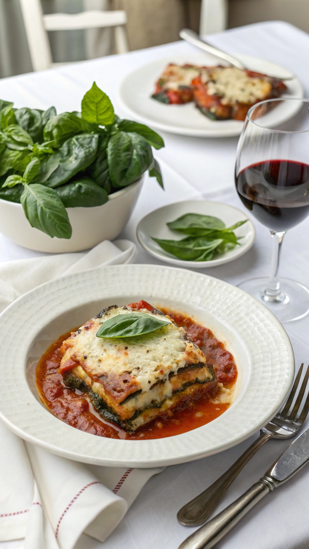 A plate of eggplant parmesan garnished with basil, served with a glass of red wine.