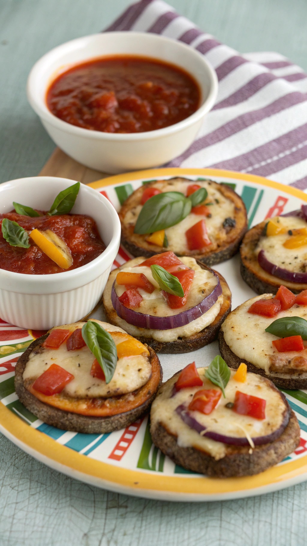 A plate of eggplant pizza bites topped with cheese, peppers, and basil, served with marinara sauce.