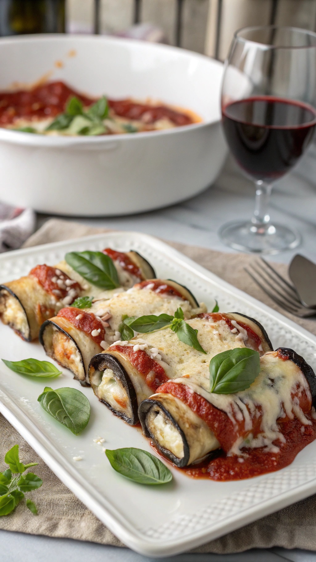 Eggplant Rollatini with marinara sauce and melted cheese, garnished with fresh basil.