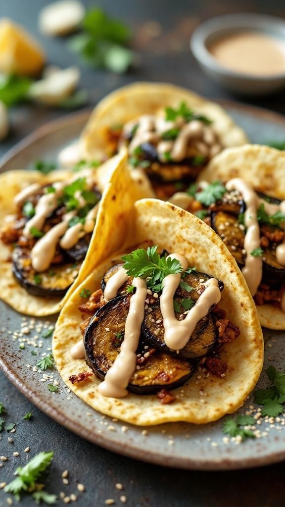 Delicious eggplant tacos topped with tahini sauce and cilantro on a plate.