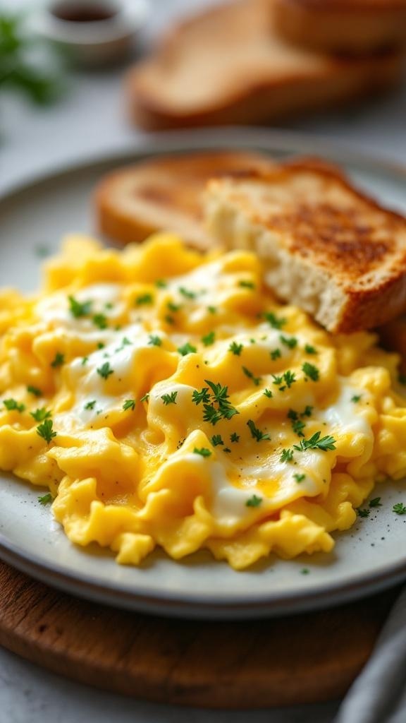 A plate of fluffy scrambled eggs with parsley and toasted bread.
